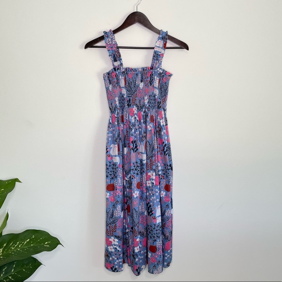 ❤️ Kate Spade Blue Garden Posy Smocked Midi Dress Casual Cotton N3 - Picture 4 of 10
